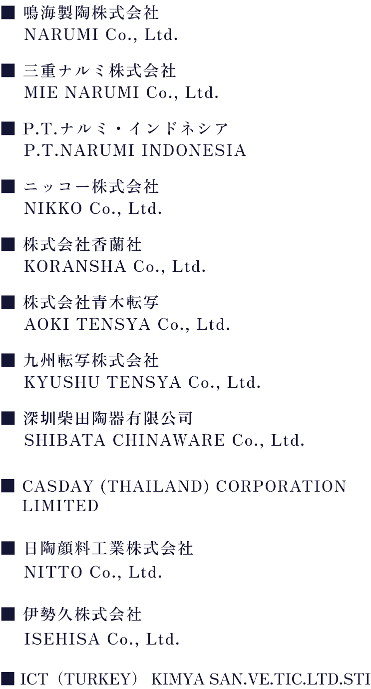 鳴海製陶株式会社 NARUMI CORPORATION 三重ナルミ株式会社 MIE NARUMI CORPORATION P.T.ナルミ・インドネシア P.T.NARUMI INDONESIA ニッコー株式会社 NIKKO COMPANY 株式会社香蘭社 KORANSHA Co., Ltd 株式会社青木転写 AOKI TENSYA 九州転写株式会社 KYUSHU TENSYA 韓国陶磁器 HANKOOK CHINAWARE CO., Ltd 杏南磁器 QIDONG INTERNATIONAL MASALIN CERAMICS, LTD HAENGNAM CHINAWARE Inc. 深圳柴田陶器有限公司 CASDAY (THAILAND) CORPORATION LIMITED SHIBATA CHINAWARE CO., LTD