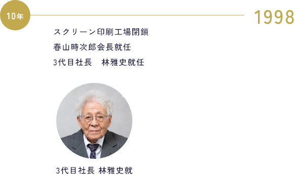 1998 スクリーン印刷工場閉鎖 / 春山時次郎会長就任 / 3代目社長　林雅史就任 / 3代目社長 林雅史就