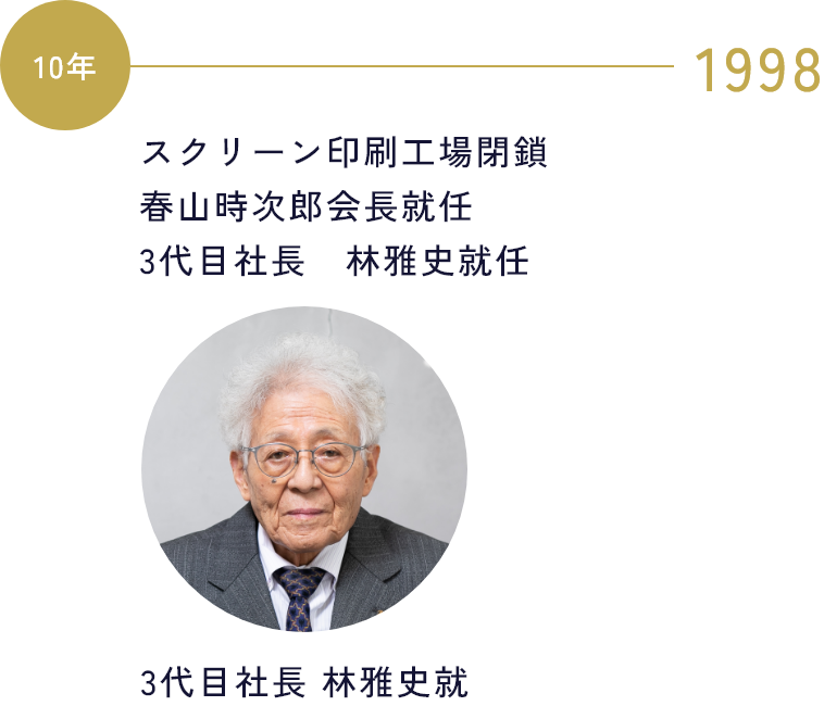 1998 スクリーン印刷工場閉鎖 / 春山時次郎会長就任 / 3代目社長　林雅史就任 / 3代目社長 林雅史就